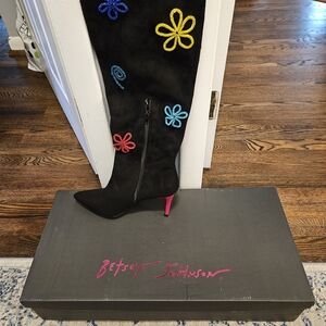 Betsey Johnson Black Knee-High Boots with Colorful Floral Accents